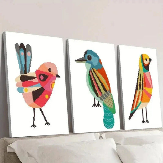 3pcs Geometric Birds Cross Stitch Pattern Wall Art Set Canvas Framed 40x60cm - High Quality Print 100% Australian Made Wall Canvas Ready to Hang