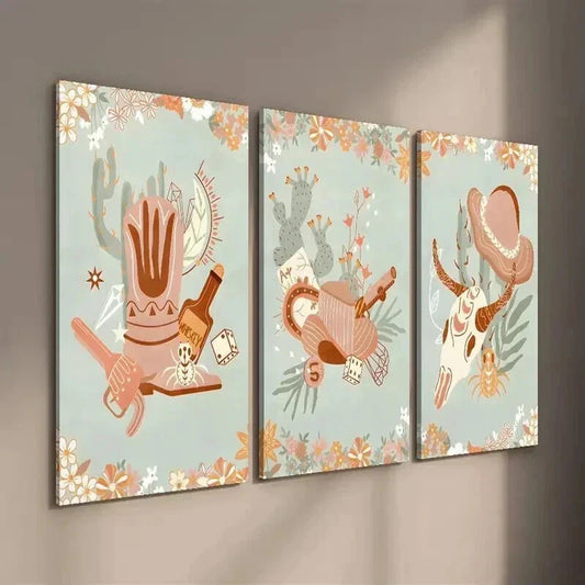 3pcs Southwestern Cowboy Boots & Hat Wall Art Set Canvas Framed 40x60cm - High Quality Print 100% Australian Made Wall Canvas Ready to Hang