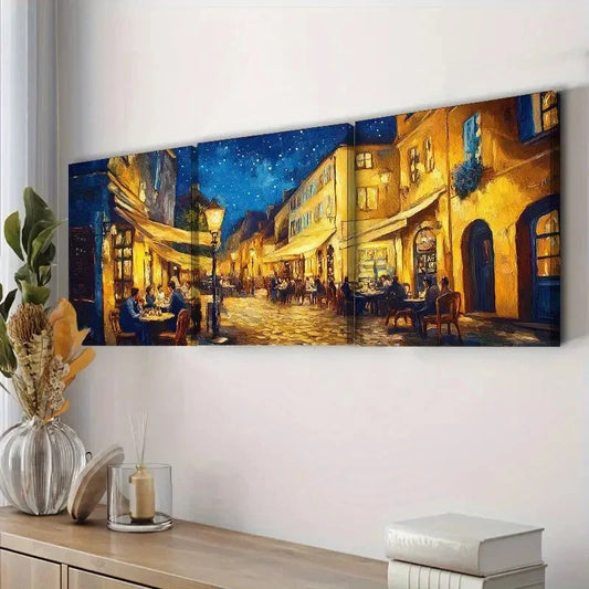 3pcs Night Street Café Scene Darkness Perfect Wall Art Set Canvas Framed 40x60cm - High Quality Print 100% Australian Made Wall Canvas Ready to Hang