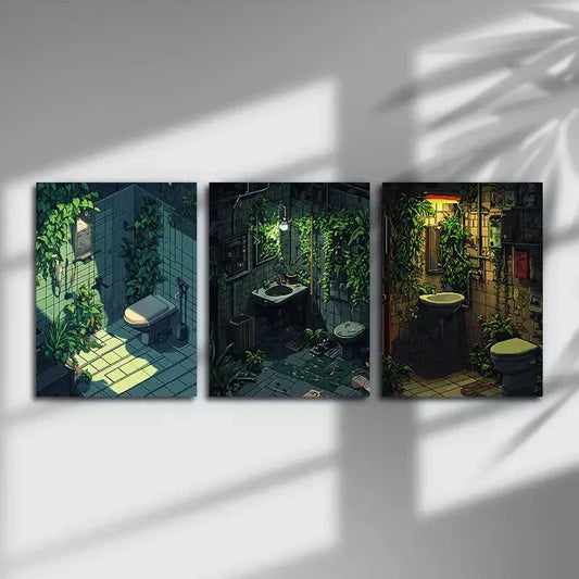 3pcs Abandoned Green Leaves Lights Metal Print Ready to Hang Art