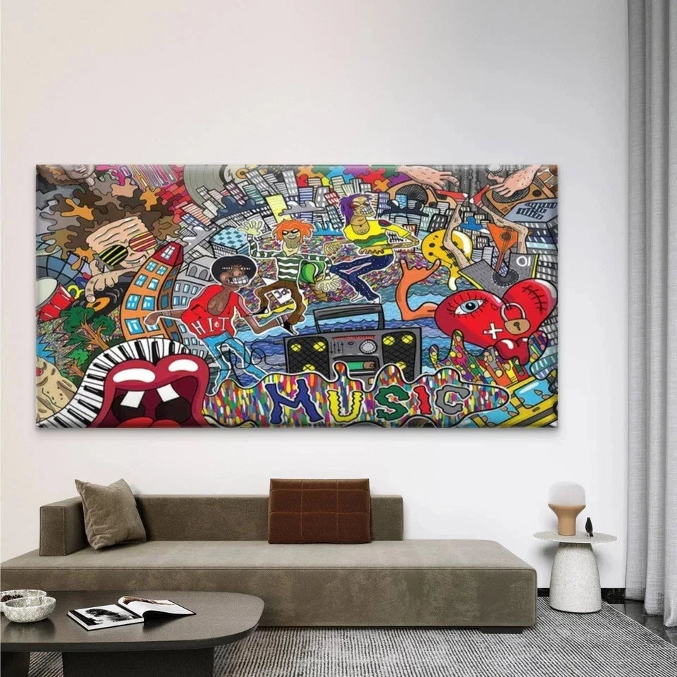 Music-Themed Retro 80s,90s Wall Art Canvas Office Home Room Framed 80x45cm