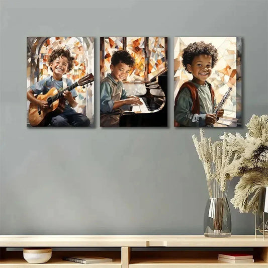 3pcs Black African American Boy Playing Guitar Metal Print Ready to Hang Art