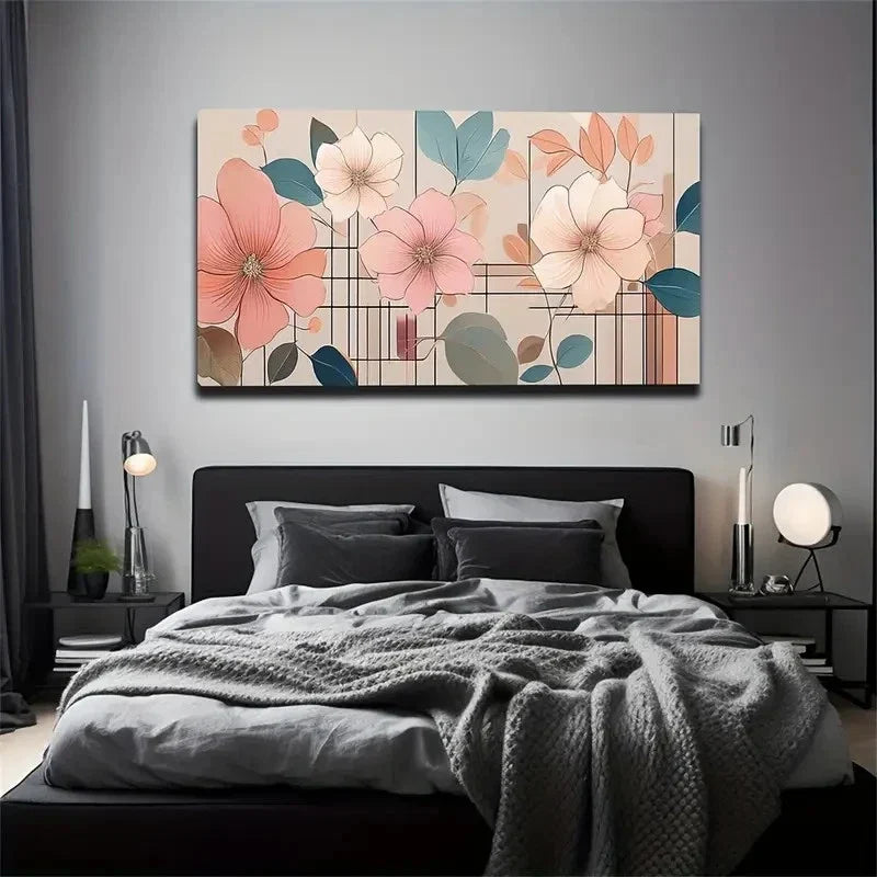 Pink & Peach Flowers Modern Wall Art Canvas Office Home Room Framed 80x45cm