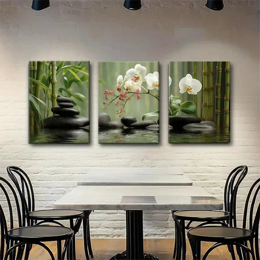 3pcs Bamboo Orchids And Stacked Stones Metal Print Ready to Hang Art