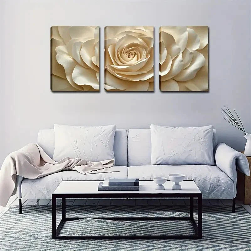 3pcs Flower Design in Beige & White Wall Art Set Canvas Framed 40x60cm - High Quality Print 100% Australian Made Wall Canvas Ready to Hang