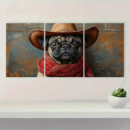 3pcs Playful Pug Cowboy Western Dog Painting Metal Print Ready to Hang Art