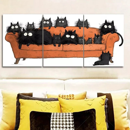 3pcss Art Deco Modern Black Cats on Couch, Wall Art Set Canvas Framed 40x60cm - High Quality Print 100% Australian Made Wall Canvas Ready to Hang