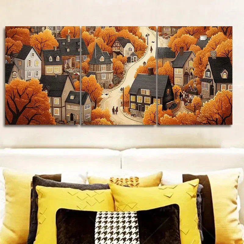 3pcs Autumn Fairy Tale Town, Metal Print Ready to Hang Art