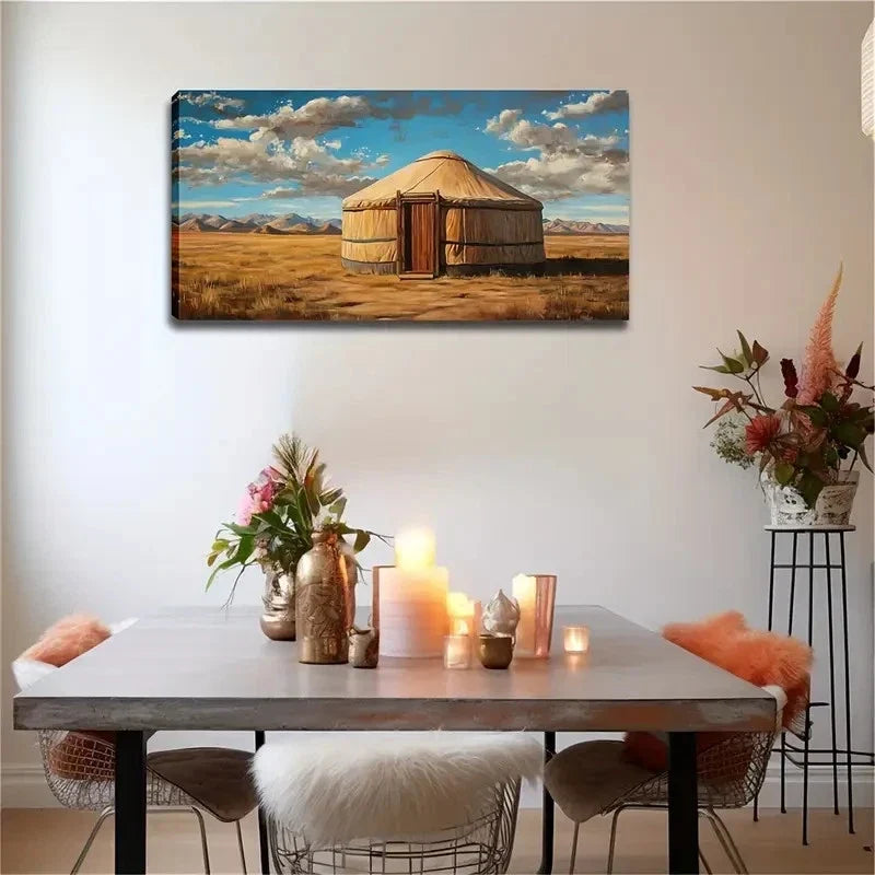Realistic Mongolian Yurt Grass Wall Art Canvas Office Home Room Framed 120x60cm