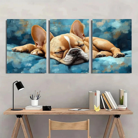 3pcs Bulldog Sleeping on the Bed Line Metal Print Ready to Hang Art