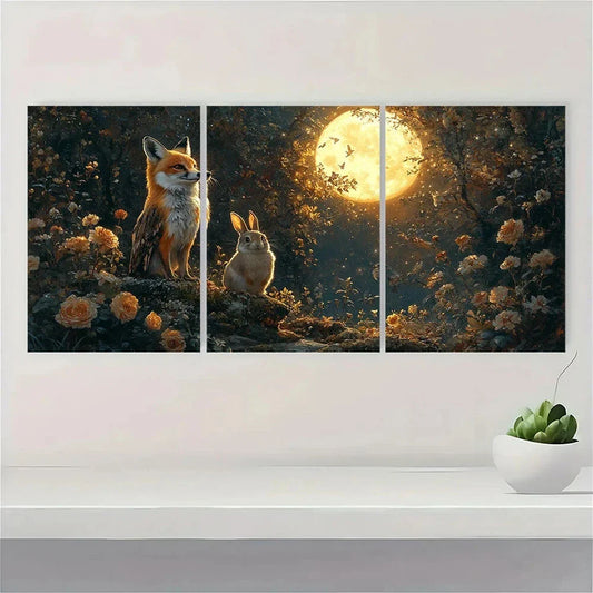 3pcs Enchanted Nightlife Fox Rabbit Full Moon Metal Print Ready to Hang Art