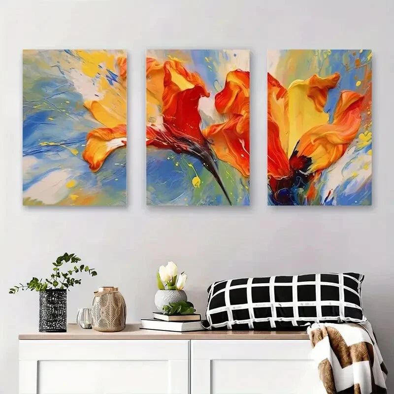 3pcs Abstract Floral Burst Vibrant Orange, Red Metal Print Ready to Hang Art
