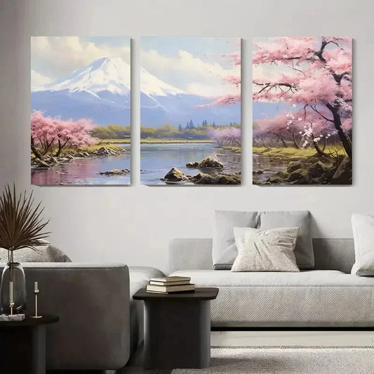 3pcs Scenic Mountain Landscape with Cherry Metal Print Ready to Hang Art