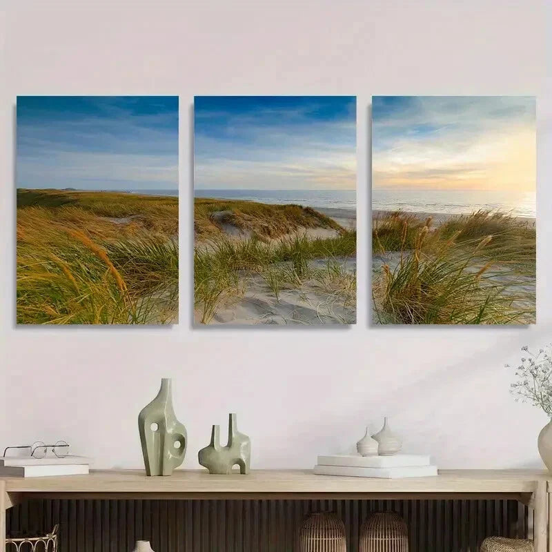 3pcs Tranquil Beach Grass Landscape Serene Metal Print Ready to Hang Art