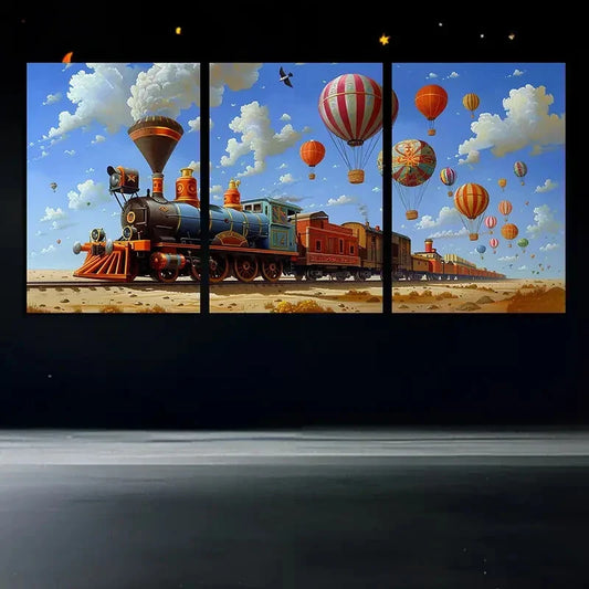 3pcs Whimsical Small Train and Hot Air Balloon Metal Print Ready to Hang Art