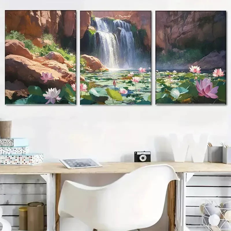 3pcs Natural Waterfall and Lotus Landscape Wall Art Set Canvas Framed 40x60cm - High Quality Print 100% Australian Made Wall Canvas Ready to Hang