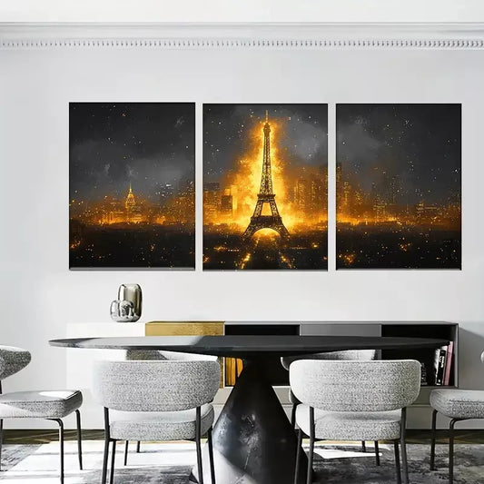 3pcs The Eiffel Tower with a Golden Glow Wall Art Set Canvas Framed 40x60cm - High Quality Print 100% Australian Made Wall Canvas Ready to Hang