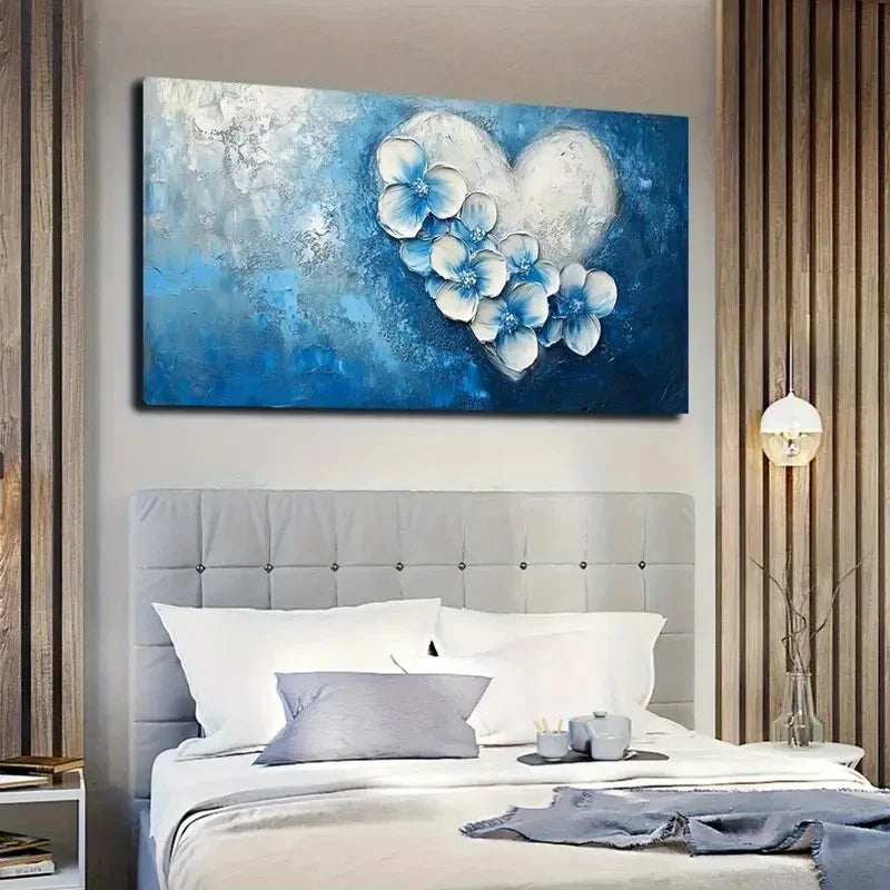 Blue Floral Heart Design Décor Wall Art Canvas Office Home Room Framed 120x60cm