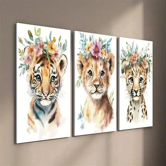 3pcs Tiger Cub & Lion with Floral Crowns Wall Art Set Canvas Framed 40x60cm - High Quality Print 100% Australian Made Wall Canvas Ready to Hang