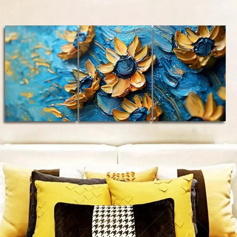 3pcs Sunflower Triptych, Floral Metal Print Ready to Hang Art