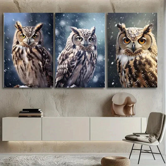 3pcs Owl Snow Scene Embossed Relief Metal Print Ready to Hang Art
