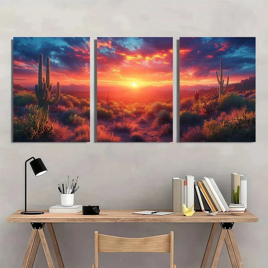 3pcs Desert Cactus Vibrant Sunset Scene Metal Print Ready to Hang Art