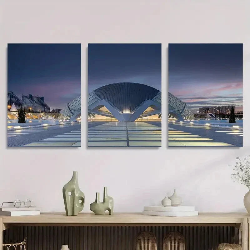3pcs Modern Architecture at Sunset Futuristic Metal Print Ready to Hang Art