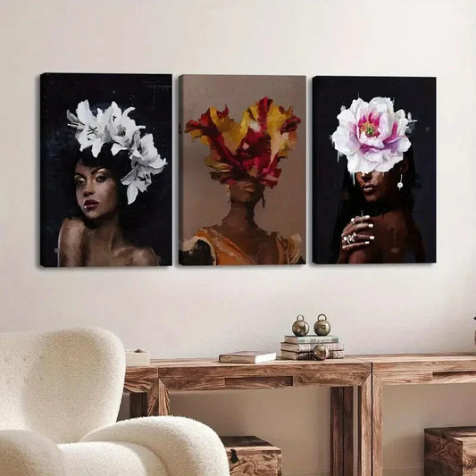 3pcs Fashion Portraits Floral Headpieces Black Wall Art Set Canvas Framed 40x60cm - High Quality Print 100% Australian Made Wall Canvas Ready to Hang