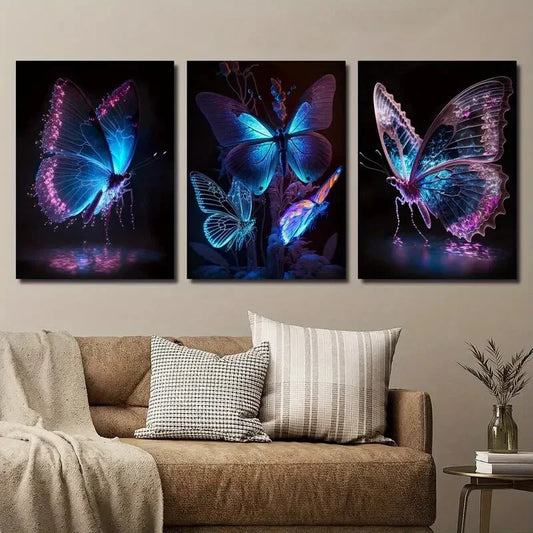3pcs Pink Purple And Blue Butterfly Metal Print Ready to Hang Art