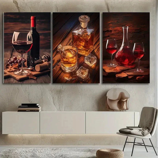 3pcs Wine Bottle and Glass Red & Brown Metal Print Ready to Hang Art
