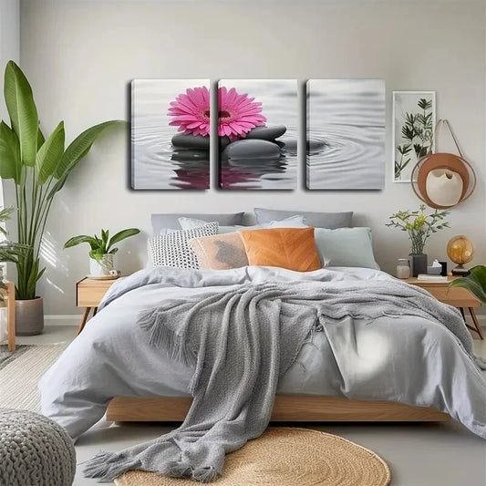 3pcs Bright Pink Gerbera on Rocks Perfect Wall Art Set Canvas Framed 40x60cm - High Quality Print 100% Australian Made Wall Canvas Ready to Hang