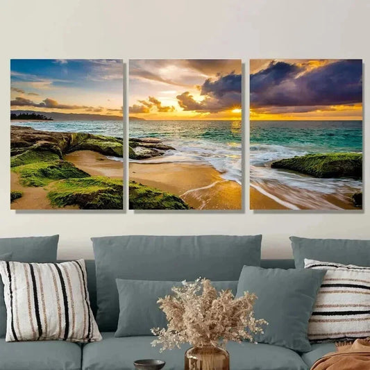 3pcs Vibrant Ocean & Rocks Landscape Sunset Wall Art Set Canvas Framed 40x60cm - High Quality Print 100% Australian Made Wall Canvas Ready to Hang