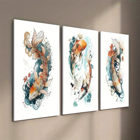 3pcs Japanese Bright Koi Carp Wall Art Set Canvas Framed 40x60cm - High Quality Print 100% Australian Made Wall Canvas Ready to Hang
