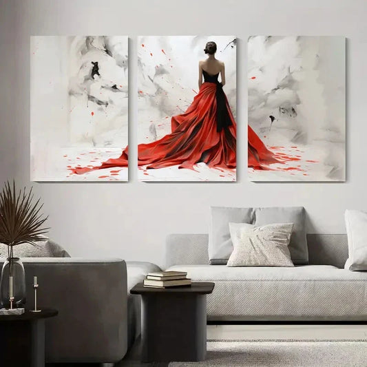 3pcs Elegant Red Dress Woman Abstract Metal Print Ready to Hang Art