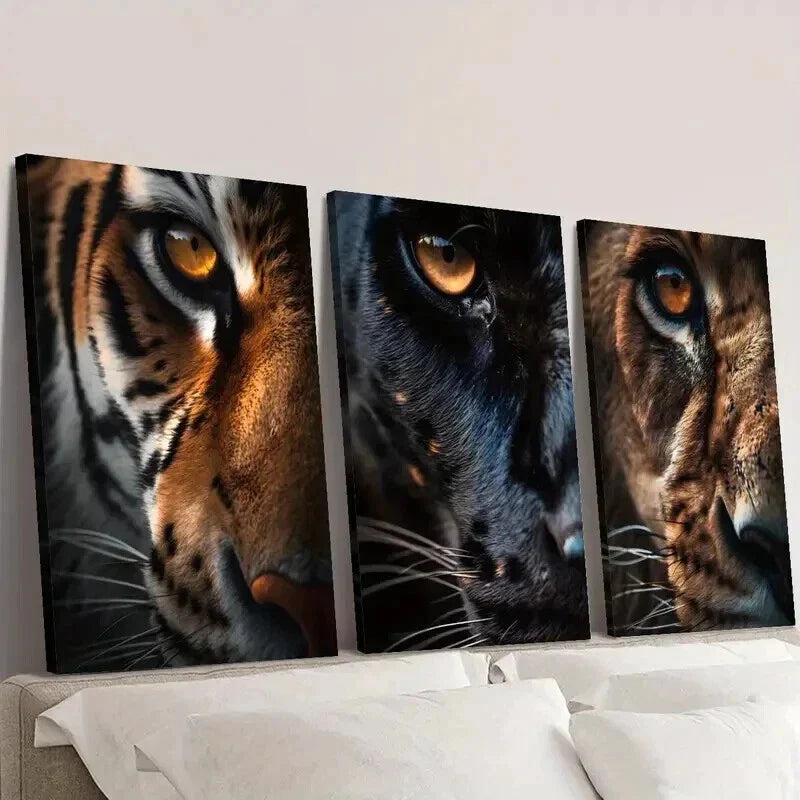 3pcs Close Up of Tiger Panther and Lion Eyes Wall Art Set Canvas Framed 40x60cm - High Quality Print 100% Australian Made Wall Canvas Ready to Hang