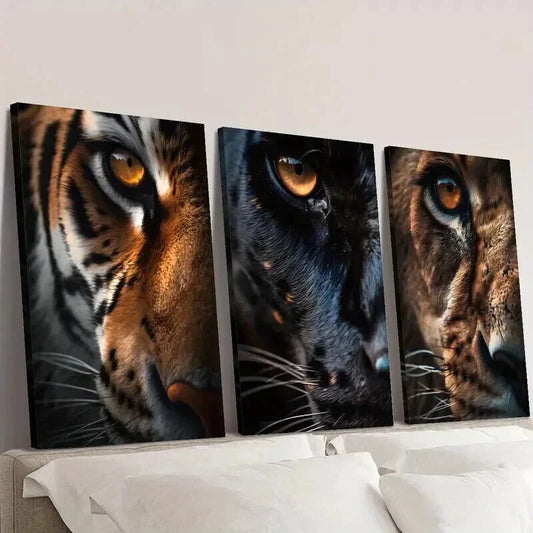3pcs Close Up of Tiger Panther and Lion Eyes Wall Art Set Canvas Framed 40x60cm - High Quality Print 100% Australian Made Wall Canvas Ready to Hang