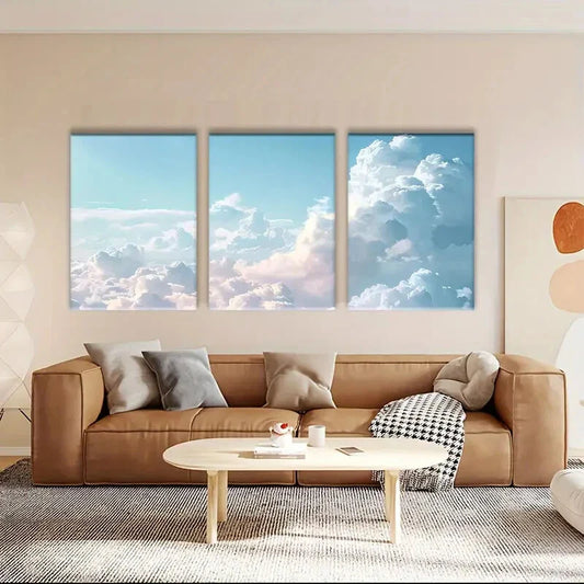 3pcs White Clouds and Blue Sky Metal Print Ready to Hang Art