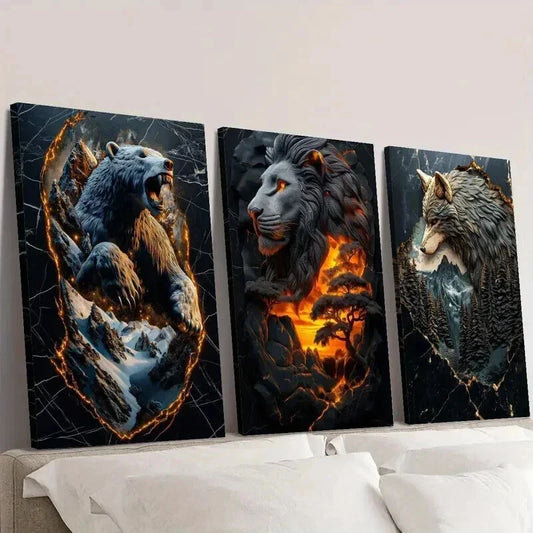 3pcs Statues of Lion Bear and Wolf Wall Art Set Canvas Framed 40x60cm - High Quality Print 100% Australian Made Wall Canvas Ready to Hang