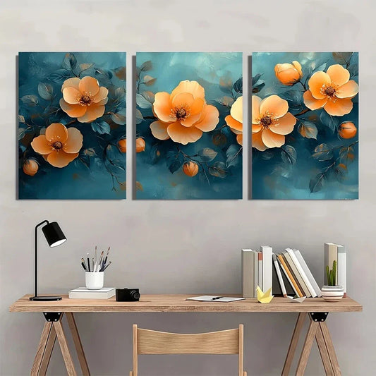 3pcs Soft Pink Peach Blooms with Green Leaves Metal Print Ready to Hang Art