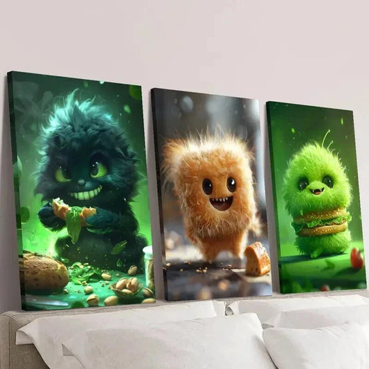 3pcs Cute Green Furry Food Monster Wall Art Set Canvas Framed 40x60cm - High Quality Print 100% Australian Made Wall Canvas Ready to Hang