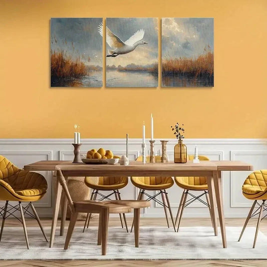 3pcs Serene Landscape with Swans and Reeds Metal Print Ready to Hang Art