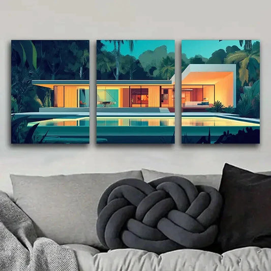 3pcs Mid-century modern house Metal Print Ready to Hang Art