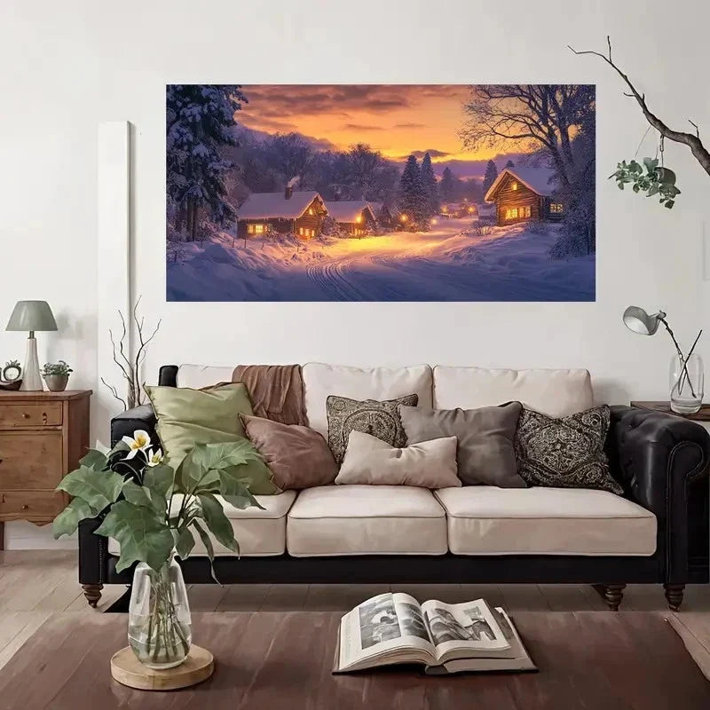Winter Cabin Scene Snowy Wall Art Canvas Office Home Room Framed 80x45cm
