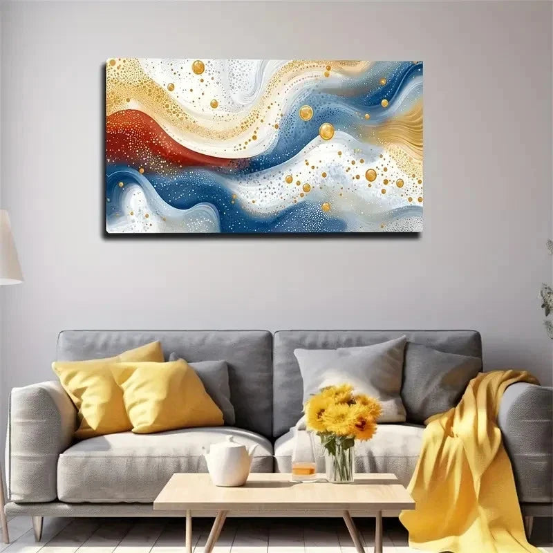 Vibrant Fluid Wave Golden Wall Art Canvas Office Home Room Framed 120x60cm