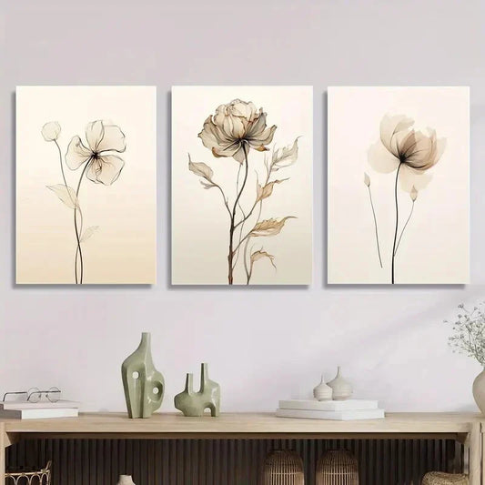 3pcs Vintage Floral Abstract Watercolor Beige Metal Print Ready to Hang Art