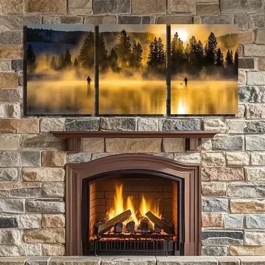 3pcs Two People Fishing at the Lake Wall Art Set Canvas Framed 40x60cm - High Quality Print 100% Australian Made Wall Canvas Ready to Hang