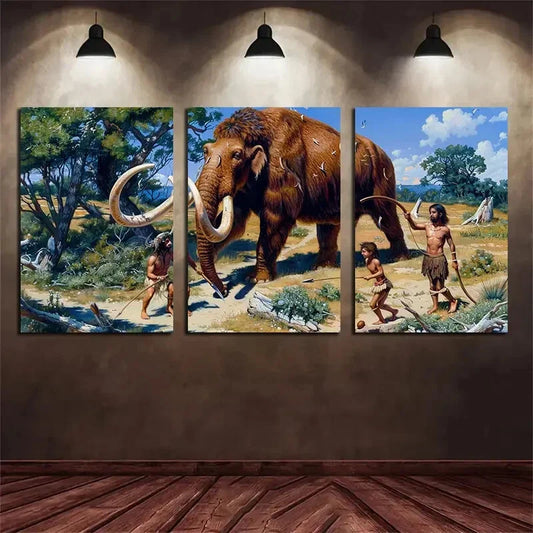 3pcs Ancient Human And Mammoth Hunting Scenes Metal Print Ready to Hang Art