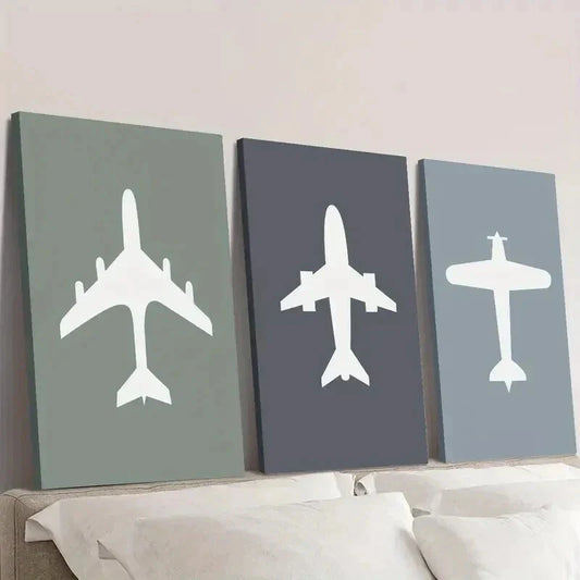 3pcs Airplane Color Filled Aviation Decor Wall Art Set Canvas Framed 40x60cm - High Quality Print 100% Australian Made Wall Canvas Ready to Hang