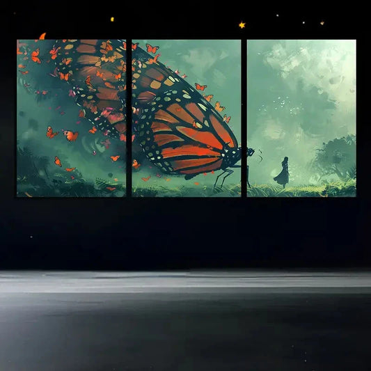 3pcs Butterfly Girl Orange & Black Metal Print Ready to Hang Art