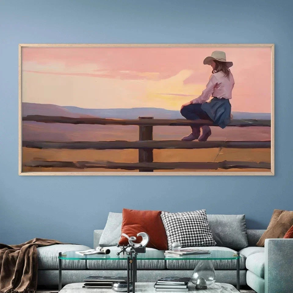 Western Cowboy Girl on Fence Wall Art Canvas Office Home Room Framed 80x45cm